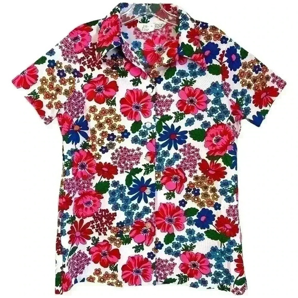 Vintage 70s Lori Lynn Pink & Blue Floral Print Short Sleeve Button Down Shirt - Picture 1 of 7